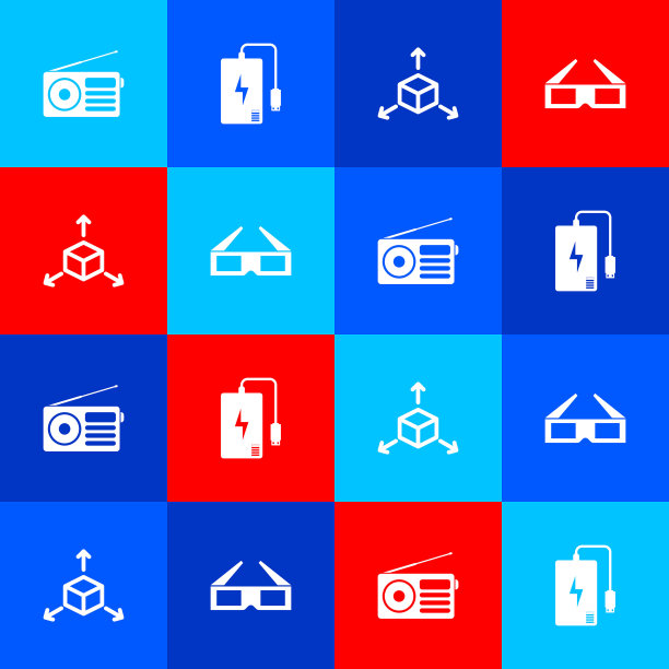 设置收音机，电源，等距立方体和3D影院眼镜图标。向量图片下载