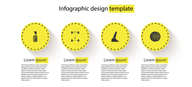 设置变速杆，底盘车，汽车手刹和磁盘卡钳。业务信息模板。向量图片下载