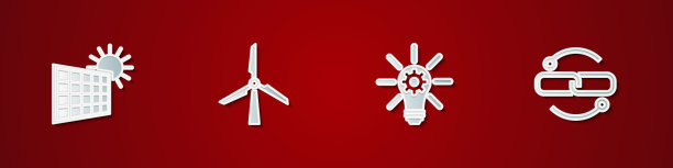 设置太阳能电池板和太阳，风力涡轮机，灯泡齿轮和链条线图标。向量图片下载