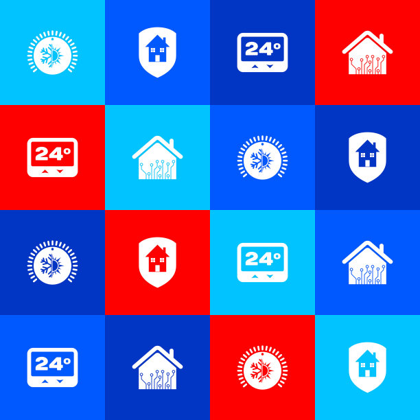 设置恒温器、保护房屋和智能家居图标。向量图片下载