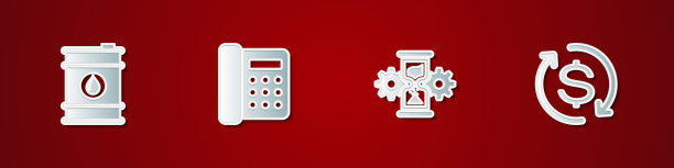 设置桶油，电话，沙漏，齿轮和投资回报图标。向量图片下载