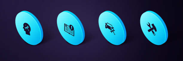 设置等距交叉锤和扳手，汽车服务，有趣的事实和人的头图标。向量图片下载