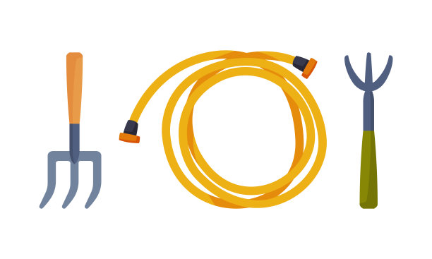 卷水软管和耙子作为园艺工具向量集图片下载