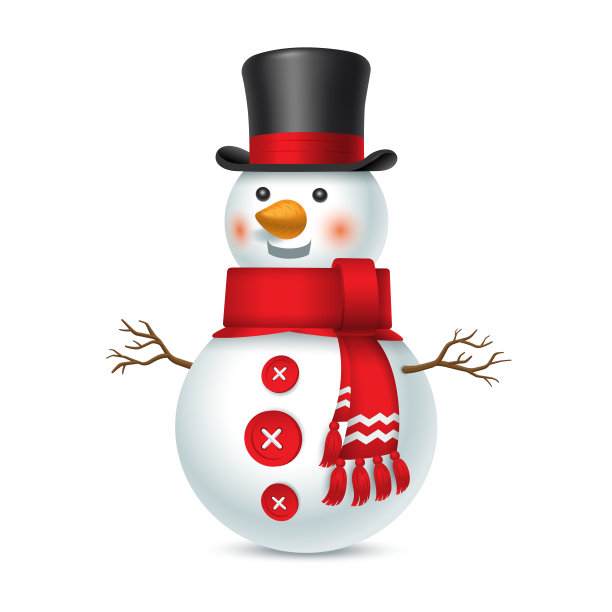 白色背景上戴着礼帽、围着红围巾、面带微笑的圣诞雪人。矢量图图片下载