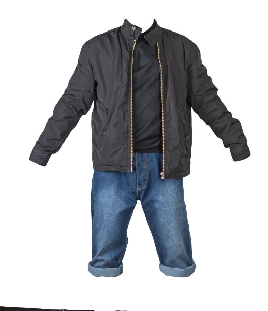 牛仔蓝色短裤，毛衣和夹克在拉链上孤立在白色背景上图片下载