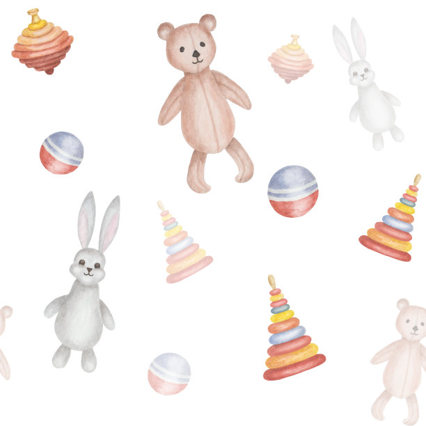 水彩无缝图案从手绘的泰迪熊，兔子，作为金字塔，球玩具的手绘插图，白色背景的陀螺。织物织物设计印花图片下载