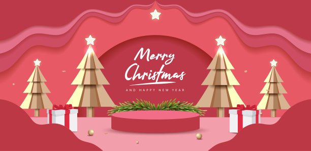 圣诞快乐，新年快乐。最小的模拟场景与工作室平台，以显示产品展示。三维向量树圣诞节，礼物盒和派对元素图片下载
