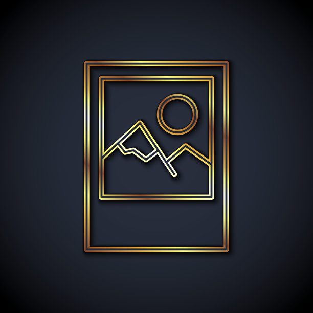 金色线条相框图标孤立在黑色背景上。老式空相框。向量图片下载