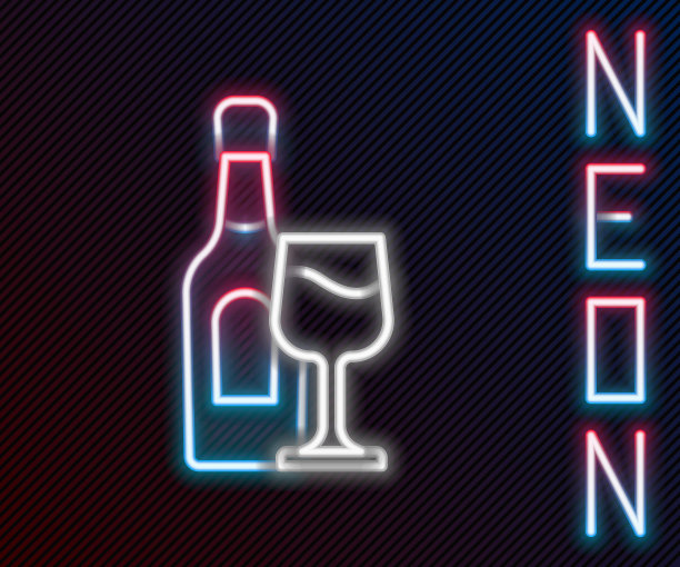 发光的霓虹灯线酒瓶与玻璃图标孤立在黑色背景。色彩斑斓的轮廓的概念。向量图片下载