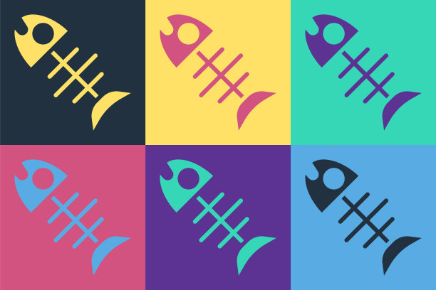 波普艺术死鱼图标孤立的颜色背景。向量图片下载