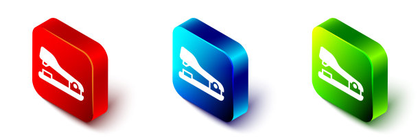 等距办公订书机图标孤立在白色背景上。订书机，订书钉，纸，硬纸板，办公设备。红色、蓝色和绿色方形按钮。向量图片下载