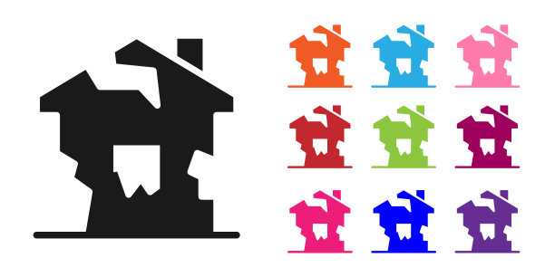 黑色废墟的房子图标孤立在白色背景上。破碎的房子。废弃的家园。放弃了回家。设置图标丰富多彩。向量图片下载