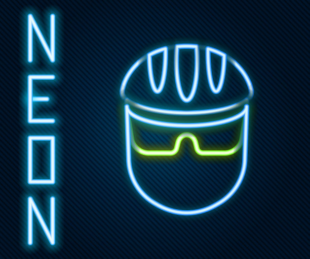 发光霓虹灯线自行车头盔图标孤立在黑色背景。极限运动。运动设备。色彩斑斓的轮廓的概念。向量图片下载