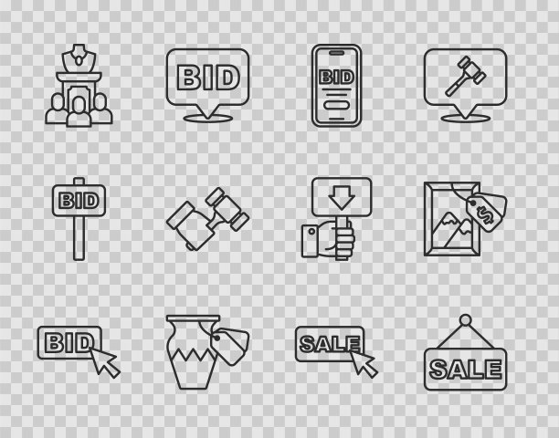 竞标、促销标签、在线拍卖、古代花瓶拍卖、珠宝拍卖、拍卖槌和绘画图标线条组合，矢量素材图片下载