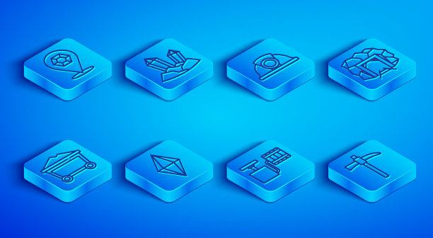 设置线宝石石，矿工头盔，手柄雷管，入口，煤车和Pickaxe图标。向量图片下载