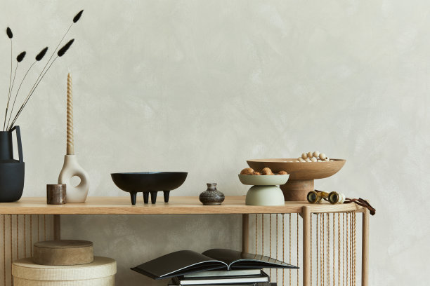 时尚的客厅室内设计与控制台。雕塑，烛台，矿物和个人配件。副本的空间。模板。图片下载