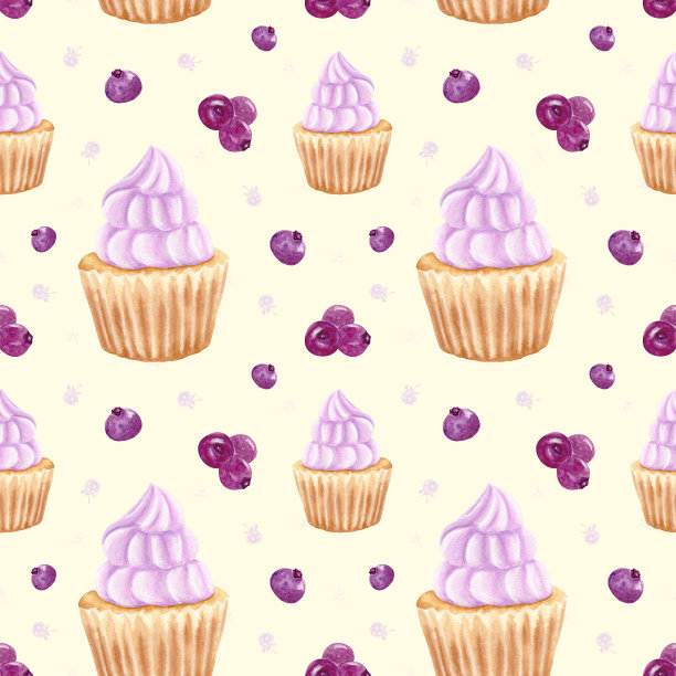 水彩无缝模式。奶油水彩纸杯蛋糕，手绘。与蓝莓甜点。图片下载
