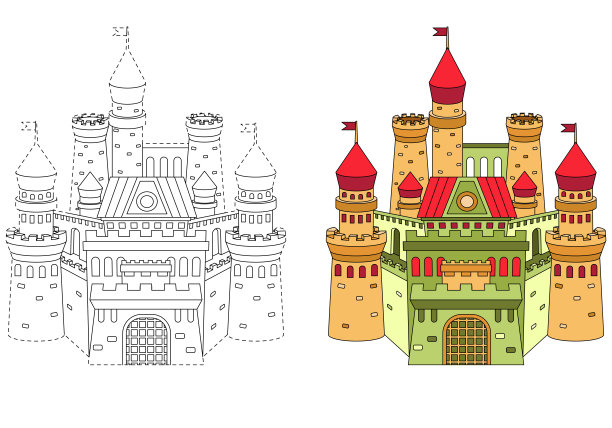 一个神奇的多色城堡。儿童涂色书。图片下载