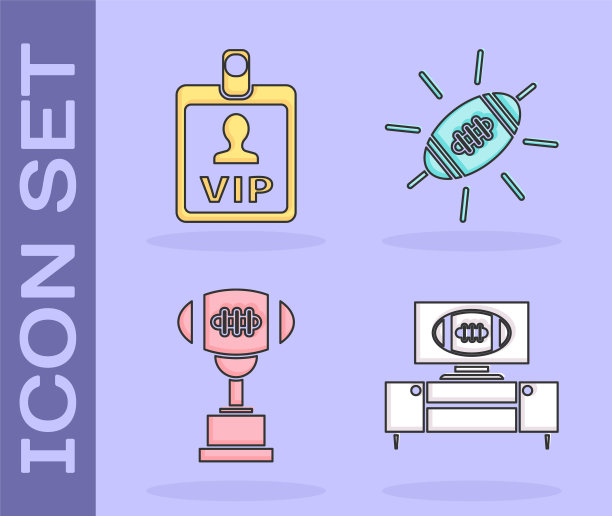 设置美式足球电视节目和看台，VIP徽章，奖杯，美式足球和美式足球图标。向量图片下载