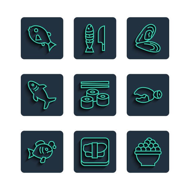 设置线热带鱼，寿司砧板，鱼子酱，贻贝，鲨鱼，和龙虾或蟹爪图标。向量图片下载