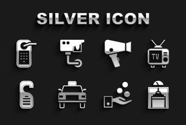 设置出租车、复古电视、电梯、付费提示、请勿打扰、电吹风、数字门锁和安全摄像头图标。向量图片下载