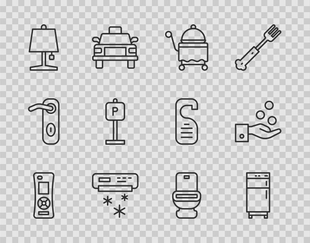 设置线路遥控器，冰箱，托盘，空调，台灯，停车场，马桶和支付提示图标。向量图片下载