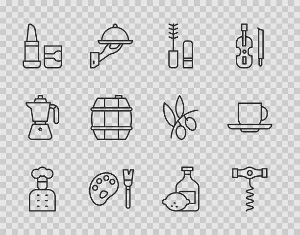 设置线意大利厨师，葡萄酒开塞钻，睫毛膏刷，颜料与调色板，口红，酒桶，柠檬瓶和咖啡杯图标。向量图片下载