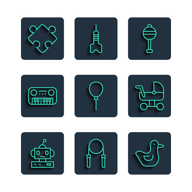 设置线机器人玩具，跳绳，橡皮鸭，摇铃婴儿，气球与丝带，玩具钢琴，拼图碎片和婴儿推车图标。向量图片下载