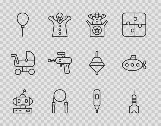 设置线机器人玩具，飞镖箭，杰克在盒子，跳绳，气球与丝带，射线枪，马克笔和潜艇图标。向量图片下载