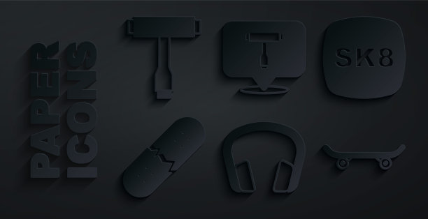 设置耳机，滑板，破碎滑板甲板，T工具和图标。向量图片下载