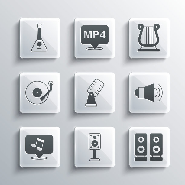 设置立体声扬声器，扩音器，麦克风，音乐音符，音色，乙烯播放器，巴拉莱卡和古希腊竖琴的图标。向量图片下载
