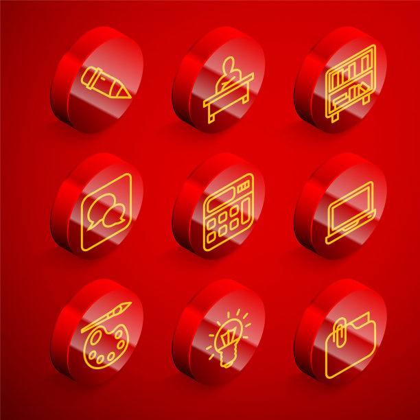 设置线铅笔与橡皮擦，男生坐在书桌，书架书籍，语音气泡聊天，计算器，笔记本电脑，油漆刷调色板和灯泡图标。向量图片下载