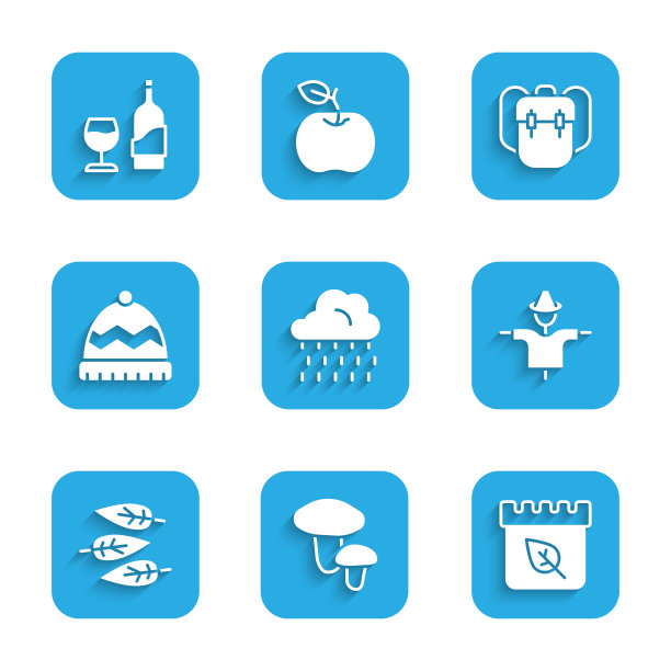 设置云与雨，蘑菇，日历秋天的叶子，稻草人，叶子或，冬天的帽子，学校背包和酒瓶玻璃图标。向量图片下载