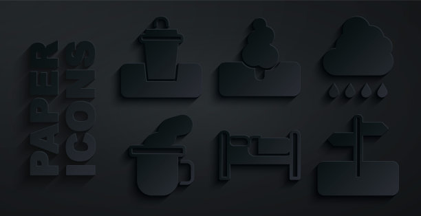 设置床，云带雨，杯茶，道路交通标志，树和垃圾桶图标。向量图片下载