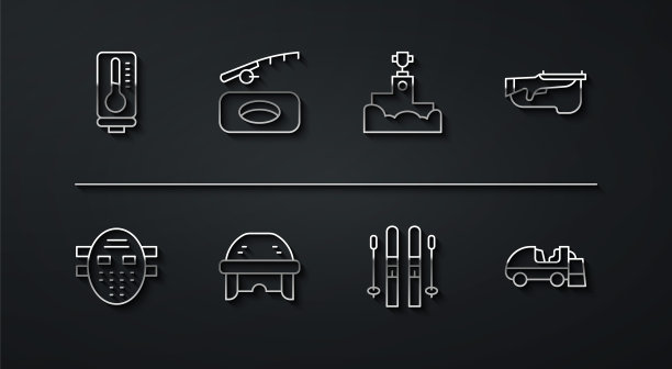 设置线气象温度计，曲棍球面具，冬季两项步枪，滑雪和棍子，头盔，冬季钓鱼，冰面表面和奖得主领奖台图标。向量图片下载