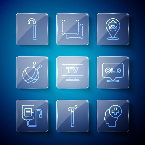 设置线IV袋，手杖，男性头部医院，养老院，智能电视，纱线球针织针，和图标。向量图片下载