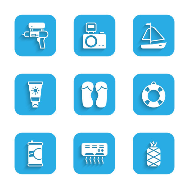设置人字拖，空调，菠萝，救生圈，汽水罐，防晒霜管，游艇帆船和水枪图标。向量图片下载