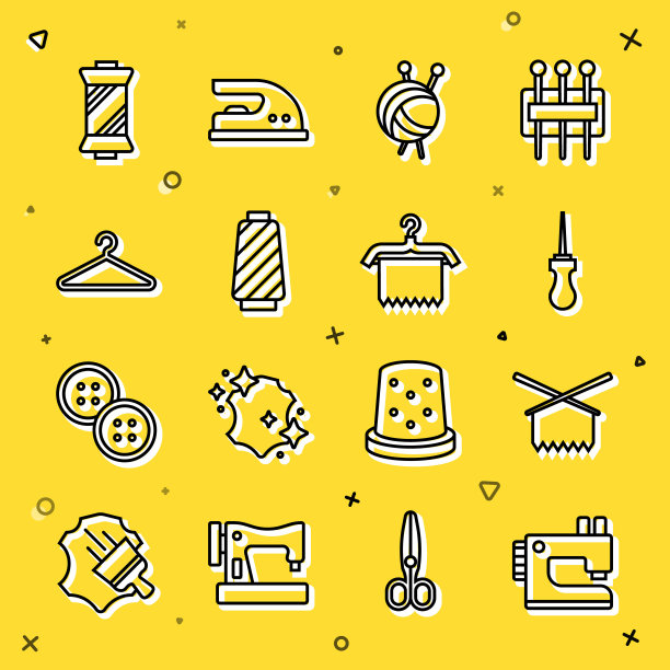 设置线缝纫机，针织针，锥子工具，针织纱球，线轴上的线，衣架衣柜，图标。向量图片下载