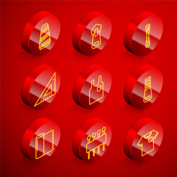 设置线缝线，拉链，纱线，三角尺，无袖t恤，纺织织物卷和缝纫图标针。向量图片下载