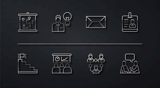 设定线路规划策略概念，有终点旗的楼梯，标识牌，项目团队基地，培训，演示，人灯，两个坐着说话的人，信封图标。向量图片下载