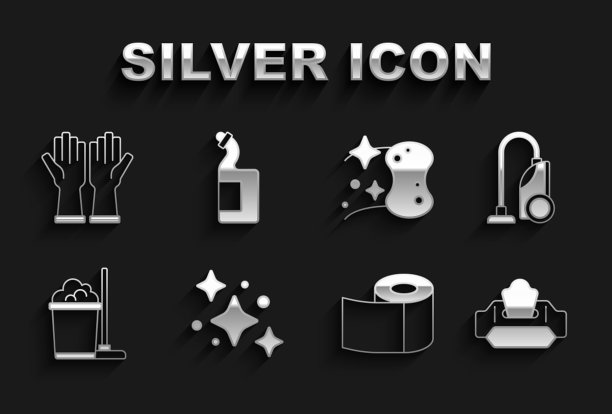 设置家庭清洁服务、吸尘器、湿擦包、厕纸卷、拖把和水桶、海绵、橡胶手套和洗碗液瓶图标。向量图片下载