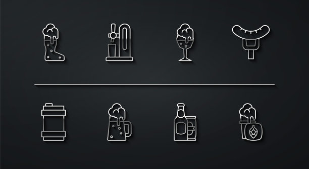 设置行开机啤酒杯，金属桶，叉子上的香肠，啤酒瓶和罐子，木制马克杯，水龙头，玻璃和图标。向量图片下载