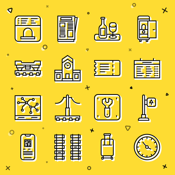 火车站设有线路时钟、道路交通指示牌、路牌、酒瓶带玻璃、铁路、货运列车、售票处购票及图标。向量图片下载