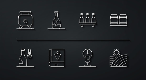 设置葡萄发酵线，葡萄酒温度，木桶葡萄酒，时间，书约，香槟酒瓶，葡萄园和酒瓶图标。向量图片下载