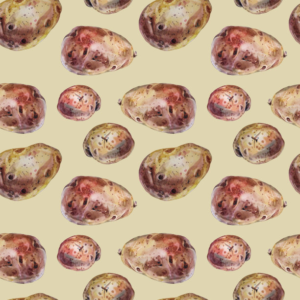 无缝图案水彩土豆米色背景。手工绘制的棕色蔬菜根做薯条，薯条。秋收粮食以淀粉为保健。烹饪书厨房菜单的创意艺术图片下载