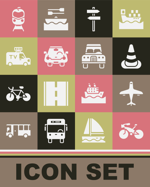 设置自行车，飞机，交通锥，道路交通指示牌，汽车，电视新闻车，火车和铁路和图标。向量图片下载