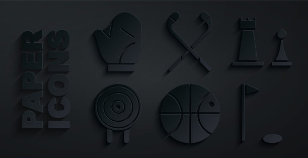 设置篮球，象棋，目标运动，高尔夫旗帜，冰球棍和棒球手套图标。向量图片下载