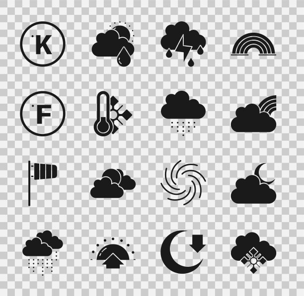 设置云与雪，月亮，彩虹云，雨和闪电，气象温度计，华氏，开尔文和图标。向量图片下载