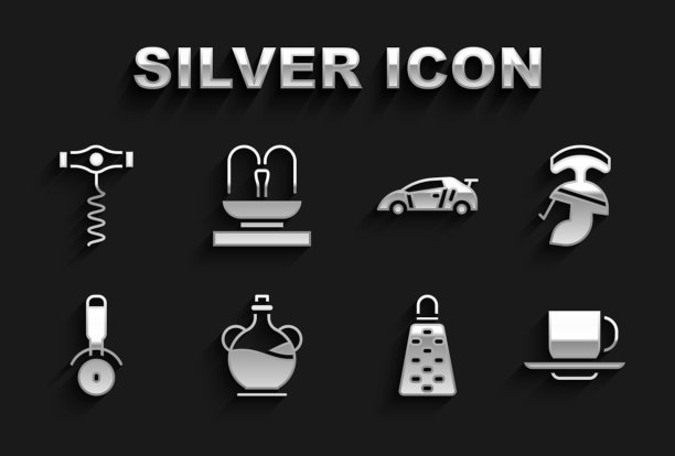 集橄榄油瓶，罗马军队头盔，咖啡杯，刨丝器，披萨刀，运动赛车，葡萄酒开塞钻和喷泉图标。向量图片下载