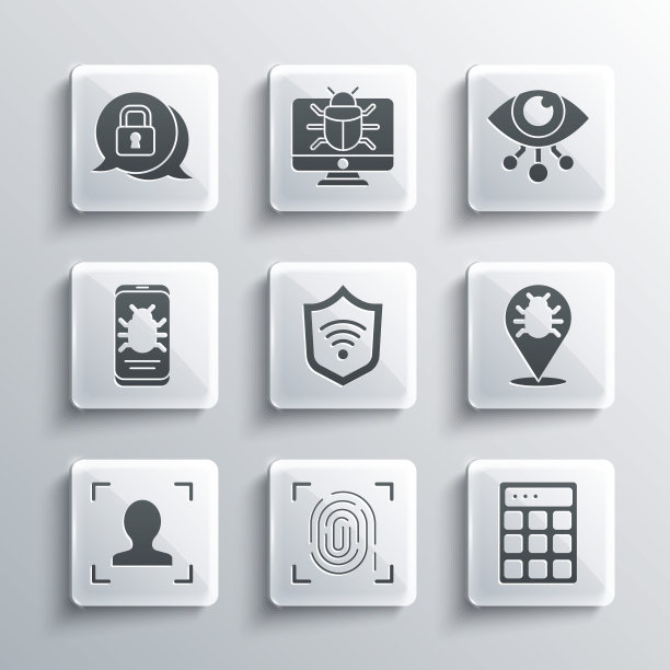 设置指纹、密码保护、系统bug、WiFi无线屏蔽、人脸识别、移动、网络安全和眼睛扫描图标。向量图片下载